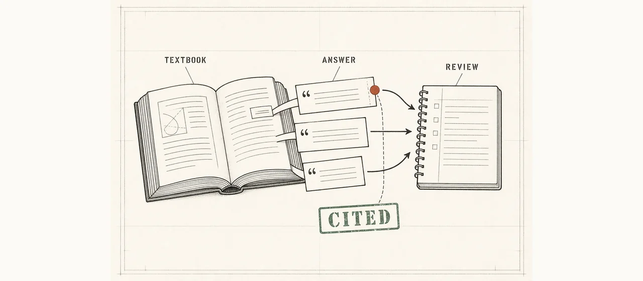Ink schematic on ledger paper: an open textbook feeding quoted answer cards into a review notebook, stamped CITED