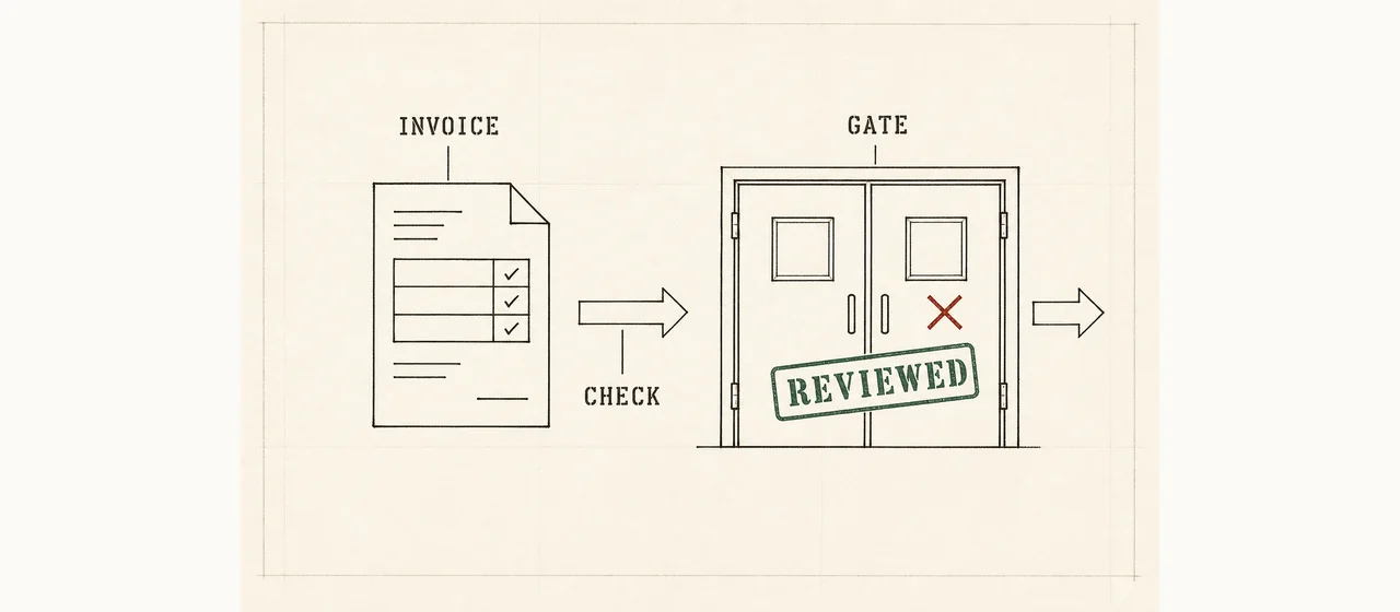 Ink schematic on ledger paper: a checked invoice passing through a two-door review gate, stamped REVIEWED