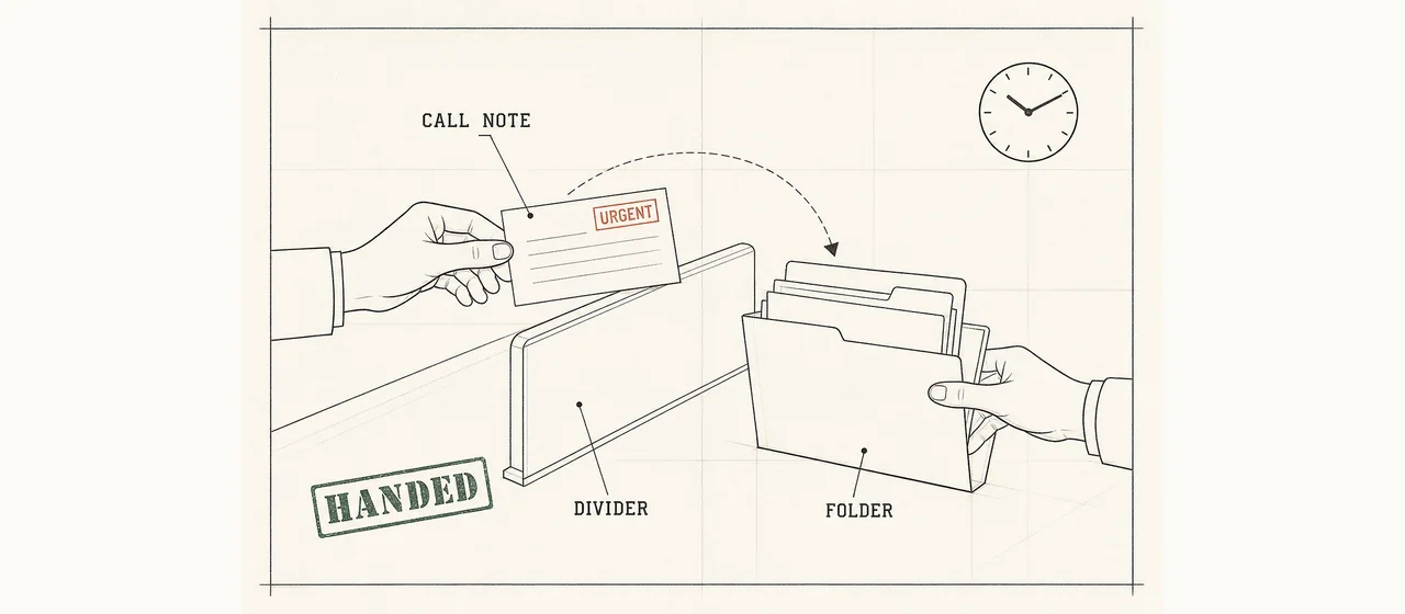 Ink schematic on ledger paper: a call note passed across a desk divider into a handover folder, stamped HANDED