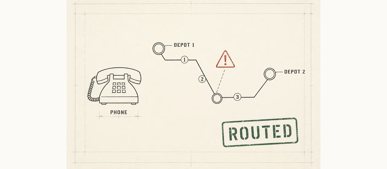 Ink schematic on ledger paper: a telephone connected to a numbered depot route with one flagged exception, stamped ROUTED