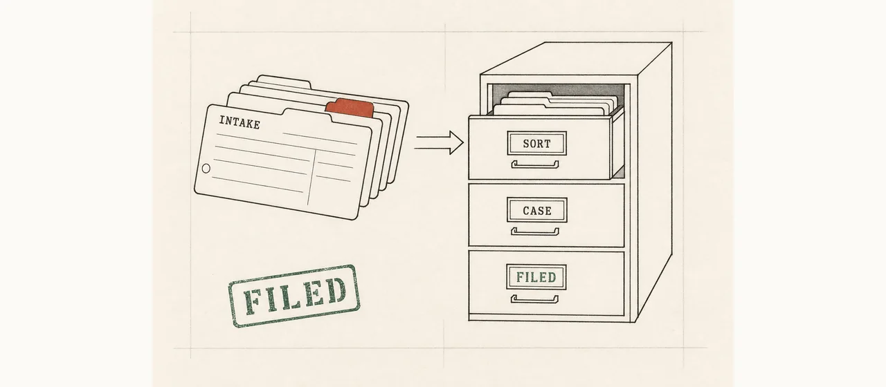Ink schematic on ledger paper: intake tickets fanned into a categorised drawer cabinet, stamped FILED