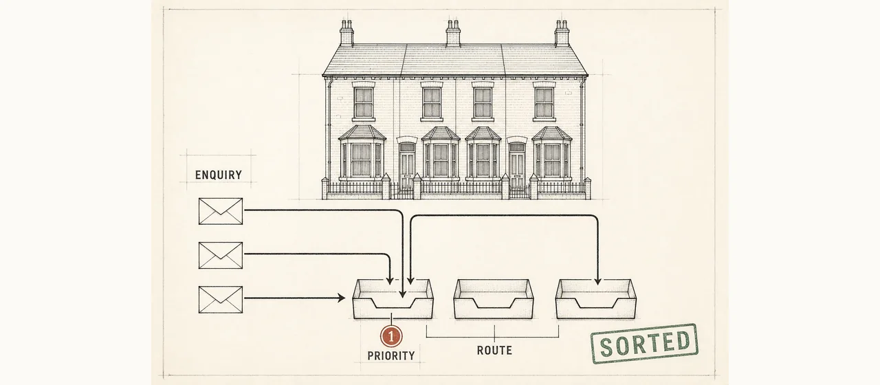 Ink schematic on ledger paper: enquiry envelopes routed from a terraced house into priority trays, stamped SORTED