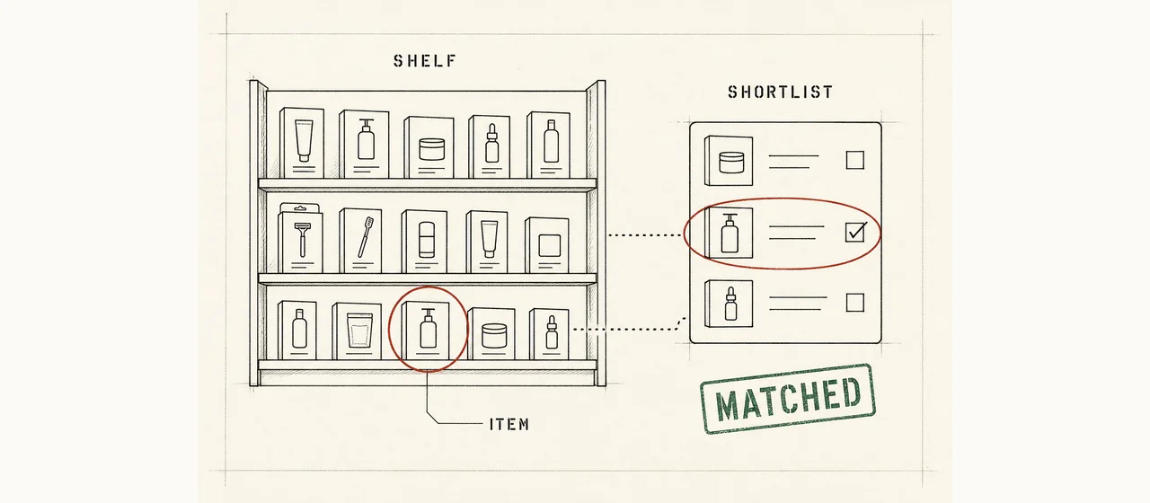 Ink schematic on ledger paper: a product shelf matched by dotted lines to a shortlist card, stamped MATCHED