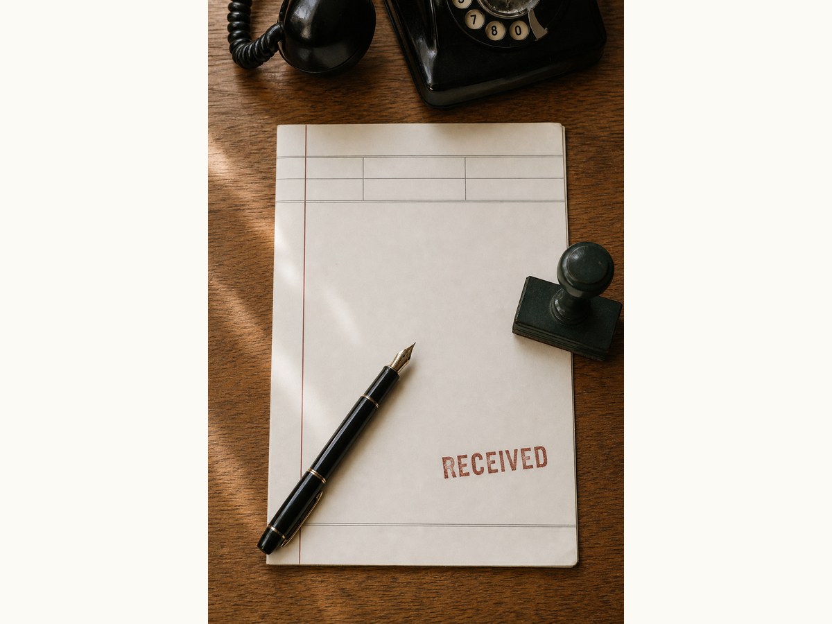 Desk still life from above: an enquiry sheet stamped RECEIVED beside a fountain pen, a rubber stamp and a desk telephone