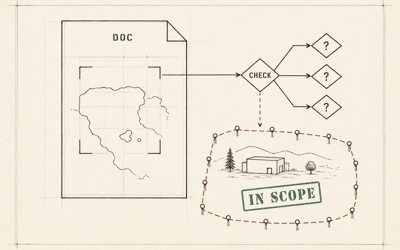 Ink schematic on ledger paper: a source document checked through decision nodes inside a dashed approval boundary, stamped IN SCOPE