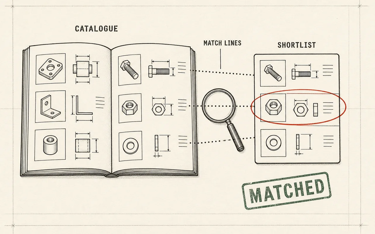Ink schematic on ledger paper: an open catalogue matched by dotted lines to a shortlist card with one row circled, stamped MATCHED