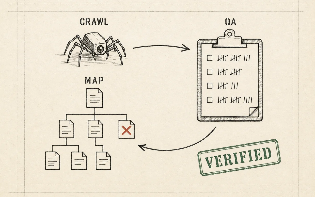 Ink schematic on ledger paper: a crawler over a sitemap tree feeding a QA clipboard in a closed loop, stamped VERIFIED