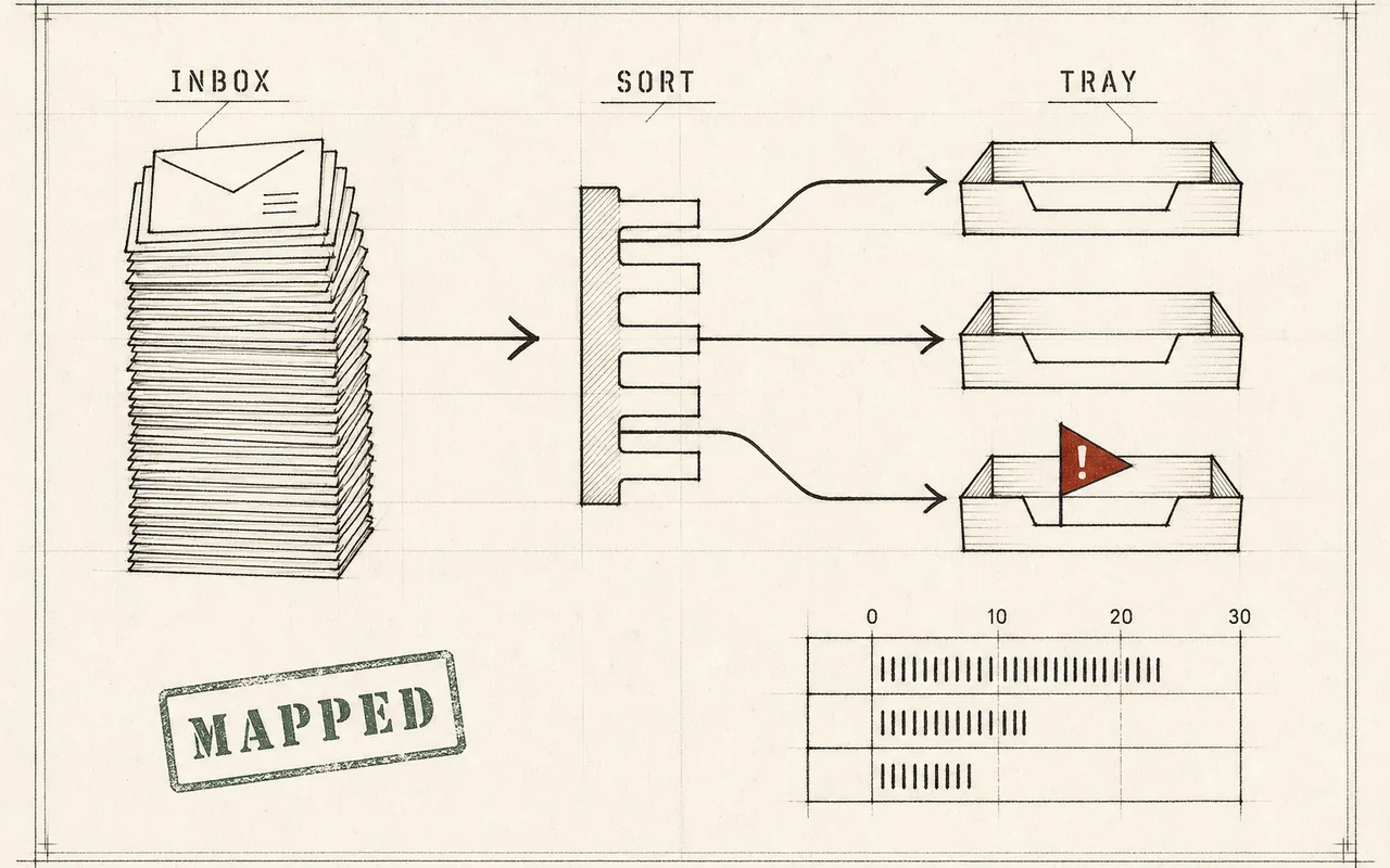 Ink schematic on ledger paper: an inbox stack sorted into three trays with one flagged exception and a tally chart, stamped MAPPED