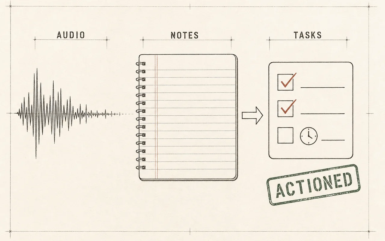 Ink schematic on ledger paper: an audio waveform becoming ruled notes and a ticked task list, stamped ACTIONED
