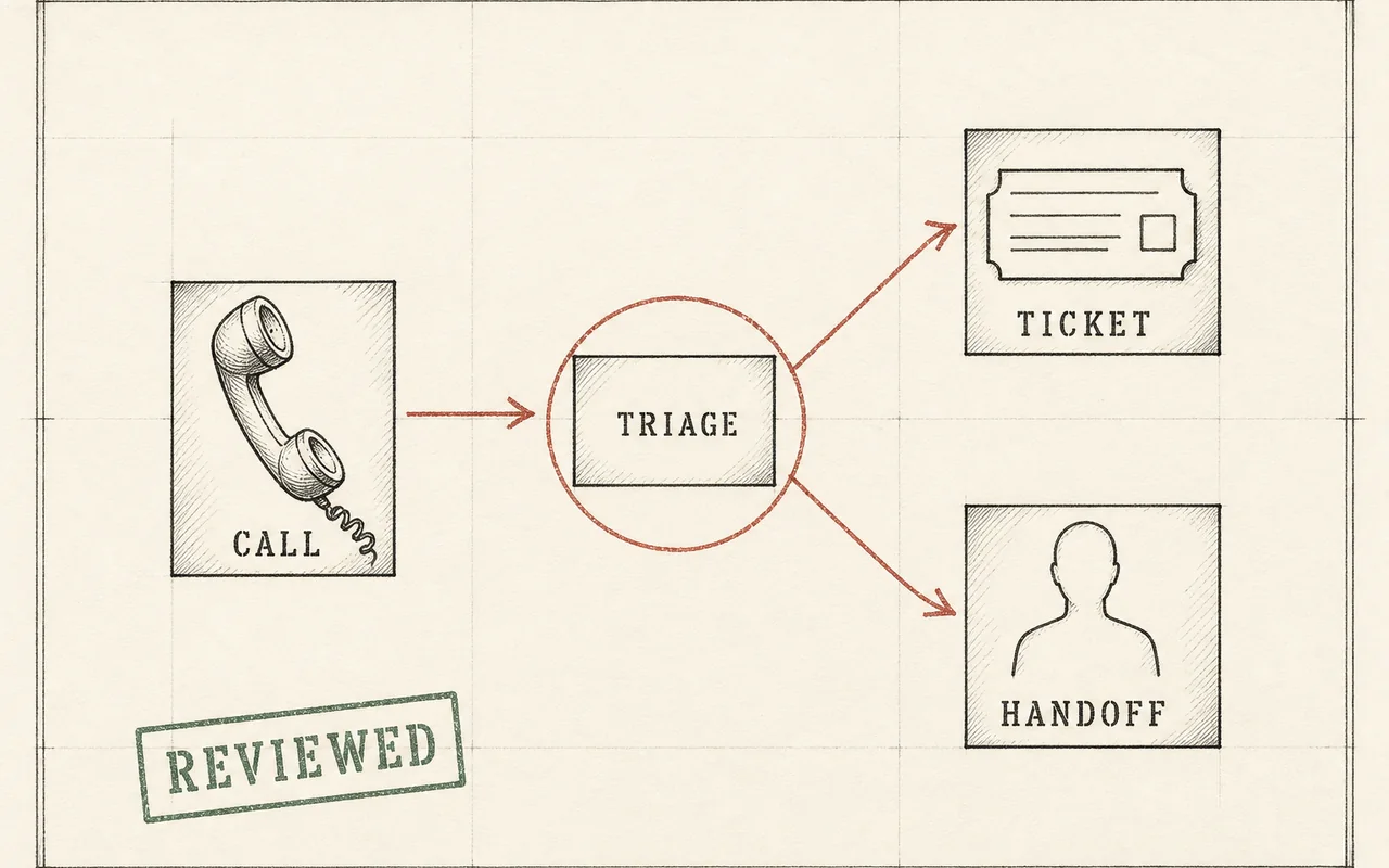 Ink schematic on ledger paper: an incoming call routed through a triage node to a ticket and a human handoff, stamped REVIEWED