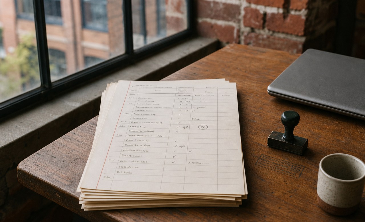 Operations desk in a red-brick mill office: a stack of ruled job sheets with handwritten annotations beside a rubber stamp, a closed laptop and a ceramic cup in window light